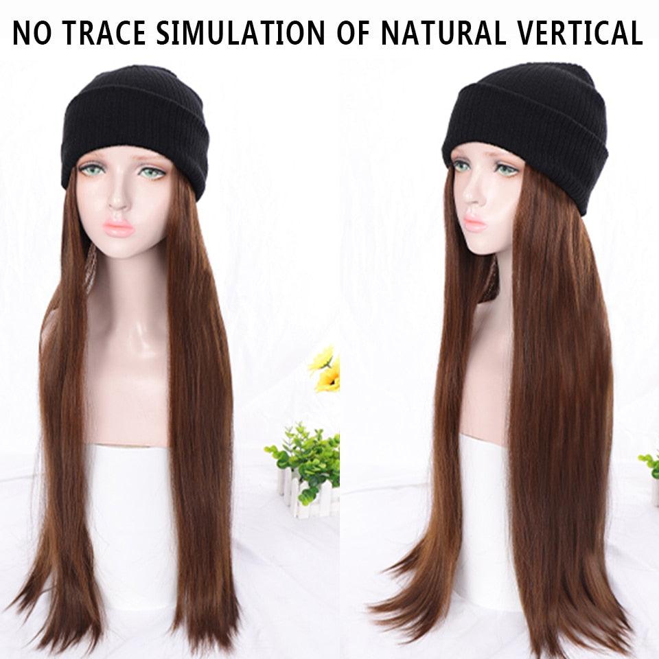 Perruques synthétiques pour femmes, chapeau tricoté long et droit, extension de cheveux noirs, perruque avec cheveux naturellement connectés, pour femmes noires, perruques de Cosplay pour femmes