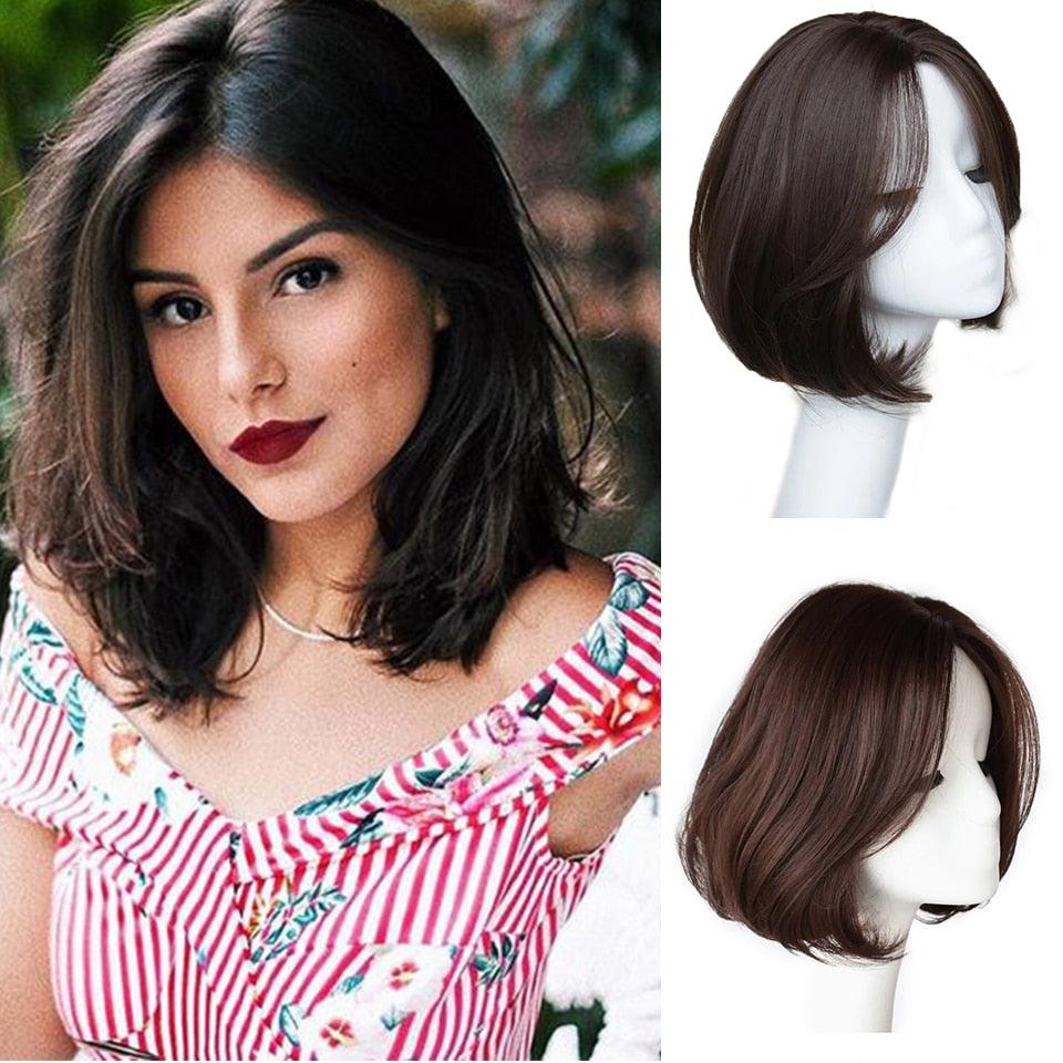 Perruques synthétiques courtes ondulées pour femmes, perruque naturelle avec raie latérale, cheveux noirs bruns, résistante à la chaleur, pour usage quotidien, perruques cosplay pour femmes, cadeaux pour petites amies