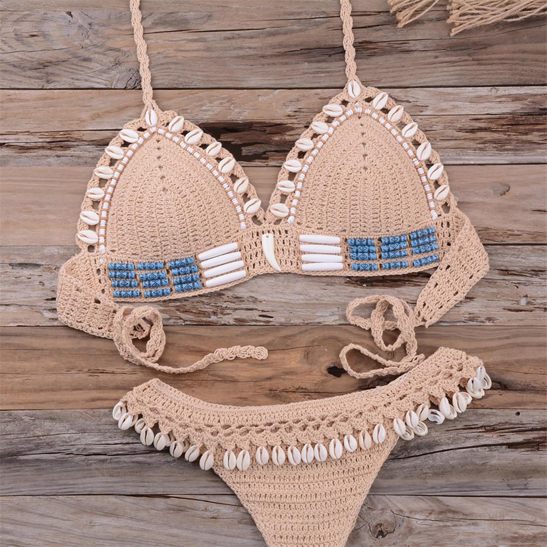 Bikini à pampilles tricoté au crochet pour femme, maillot de bain deux pièces, maillot de bain unique, maillot de bain pour femme, ensemble bikini deux pièces en dentelle au crochet et col en V taille haute