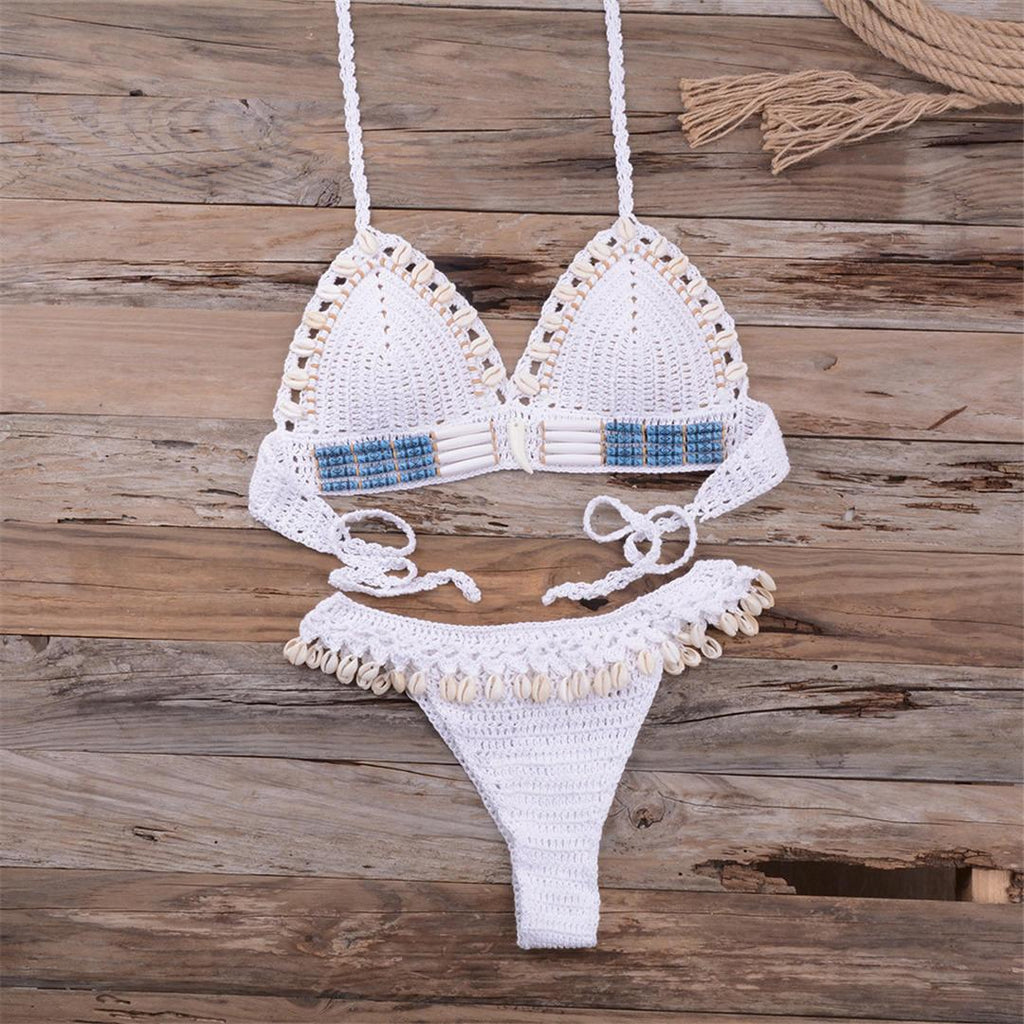 Bikini à pampilles tricoté au crochet pour femme, maillot de bain deux pièces, maillot de bain unique, maillot de bain pour femme, ensemble bikini deux pièces en dentelle au crochet et col en V taille haute