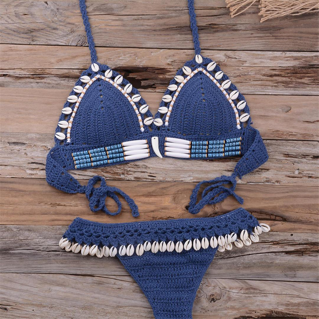 Bikini à pampilles tricoté au crochet pour femme, maillot de bain deux pièces, maillot de bain unique, maillot de bain pour femme, ensemble bikini deux pièces en dentelle au crochet et col en V taille haute