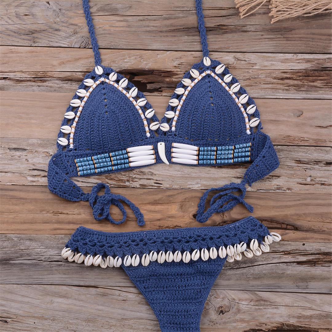 Bikini à pampilles tricoté au crochet pour femme, maillot de bain deux pièces, maillot de bain unique, maillot de bain pour femme, ensemble bikini deux pièces en dentelle au crochet et col en V taille haute