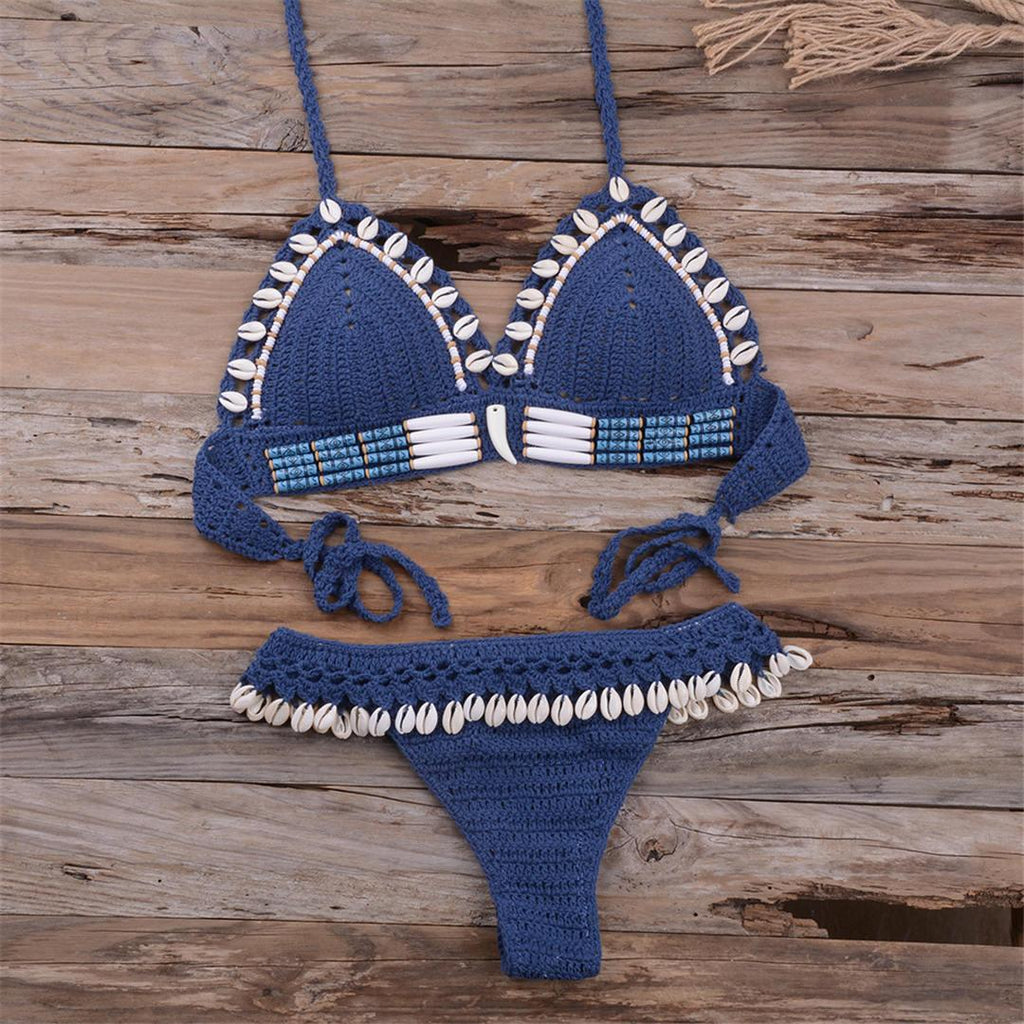 Bikini à pampilles tricoté au crochet pour femme, maillot de bain deux pièces, maillot de bain unique, maillot de bain pour femme, ensemble bikini deux pièces en dentelle au crochet et col en V taille haute