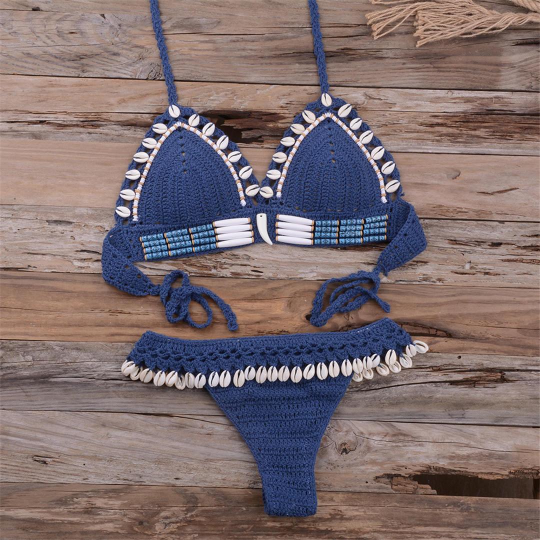Bikini à pampilles tricoté au crochet pour femme, maillot de bain deux pièces, maillot de bain unique, maillot de bain pour femme, ensemble bikini deux pièces en dentelle au crochet et col en V taille haute