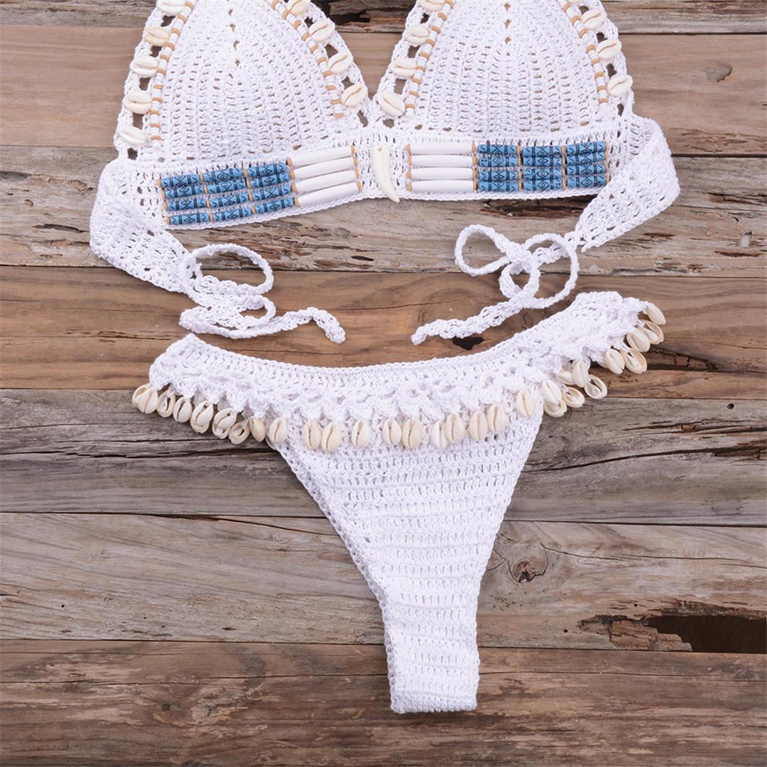 Bikini à pampilles tricoté au crochet pour femme, maillot de bain deux pièces, maillot de bain unique, maillot de bain pour femme, ensemble bikini deux pièces en dentelle au crochet et col en V taille haute
