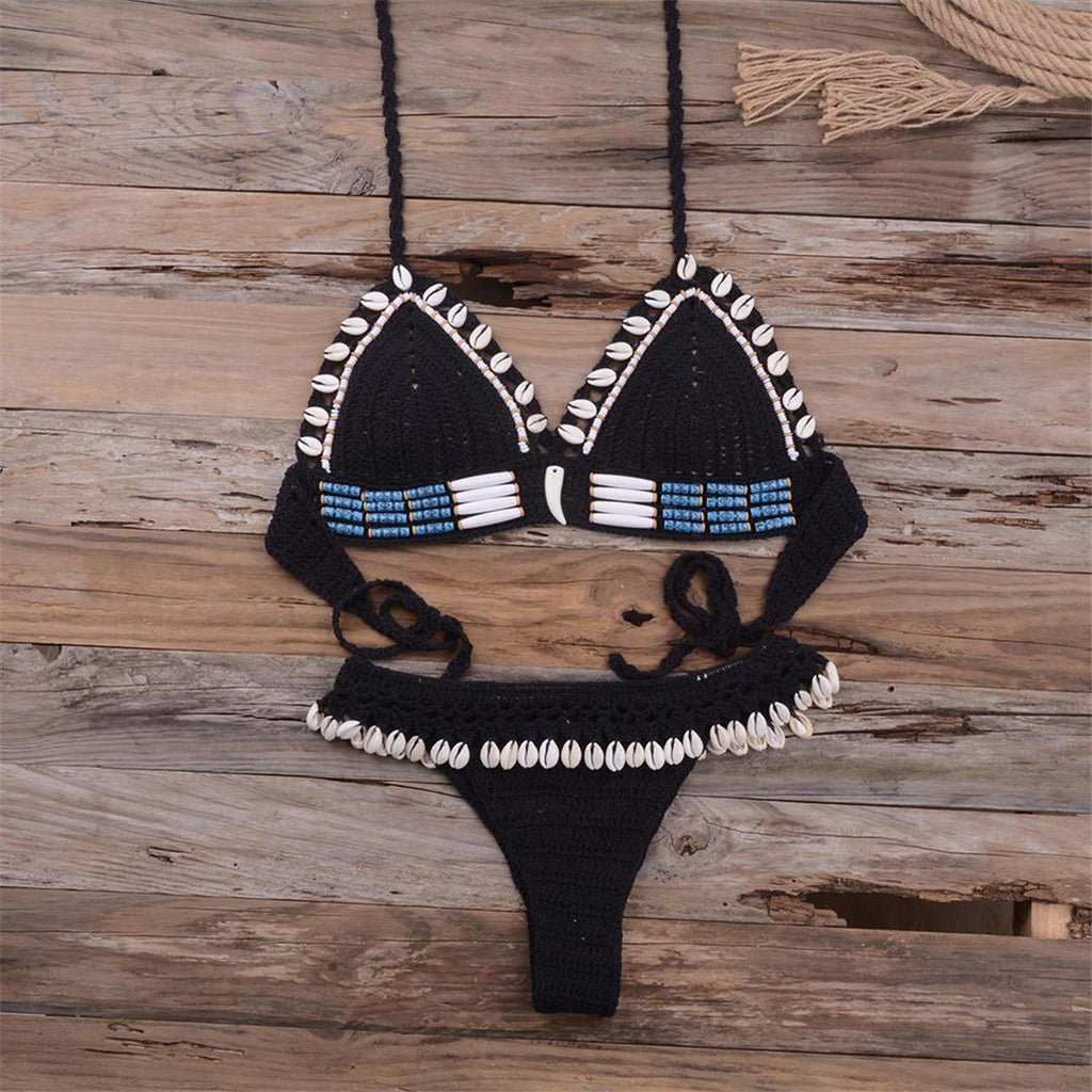 Bikini à pampilles tricoté au crochet pour femme, maillot de bain deux pièces, maillot de bain unique, maillot de bain pour femme, ensemble bikini deux pièces en dentelle au crochet et col en V taille haute