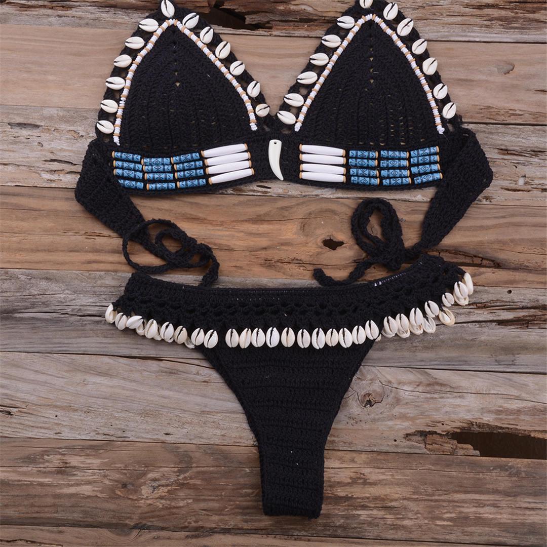 Bikini à pampilles tricoté au crochet pour femme, maillot de bain deux pièces, maillot de bain unique, maillot de bain pour femme, ensemble bikini deux pièces en dentelle au crochet et col en V taille haute
