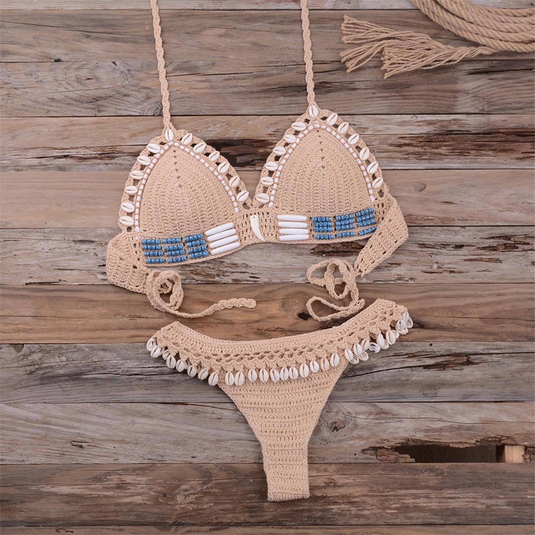 Bikini à pampilles tricoté au crochet pour femme, maillot de bain deux pièces, maillot de bain unique, maillot de bain pour femme, ensemble bikini deux pièces en dentelle au crochet et col en V taille haute