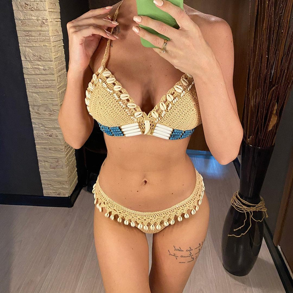 Bikini à pampilles tricoté au crochet pour femme, maillot de bain deux pièces, maillot de bain unique, maillot de bain pour femme, ensemble bikini deux pièces en dentelle au crochet et col en V taille haute