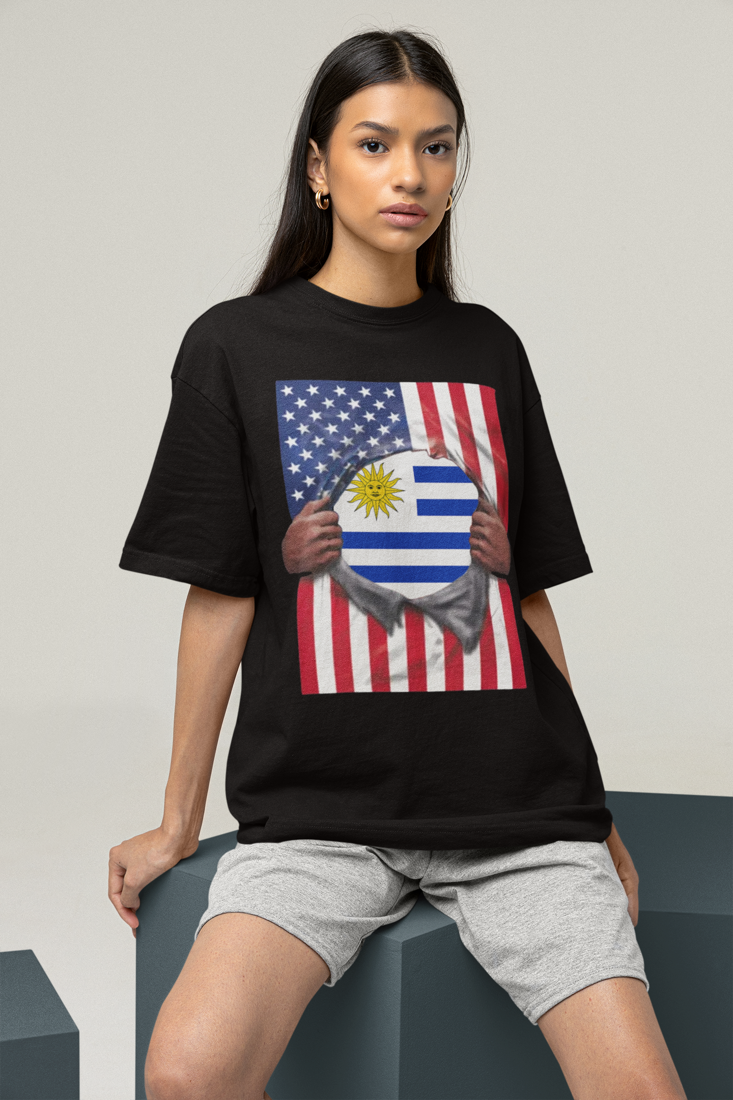 T-shirt drapeau Uruguay + drapeau USA Pride | Drapeau uruguayen + américain déchiré 4 juillet | T-shirts latinos drôles | Coton épais