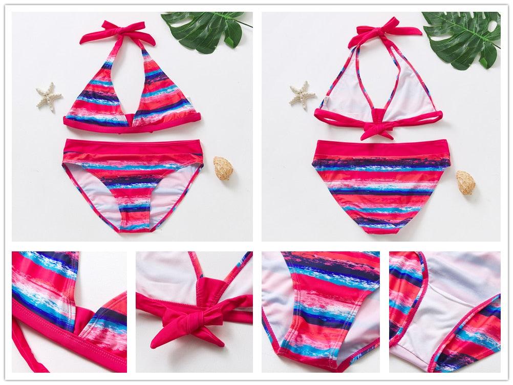 Maillot de bain deux pièces pour adolescentes, bikini de haute qualité pour enfants, vêtements de plage, maillots de bain deux pièces pour filles, maillot de bain à rayures et volants.