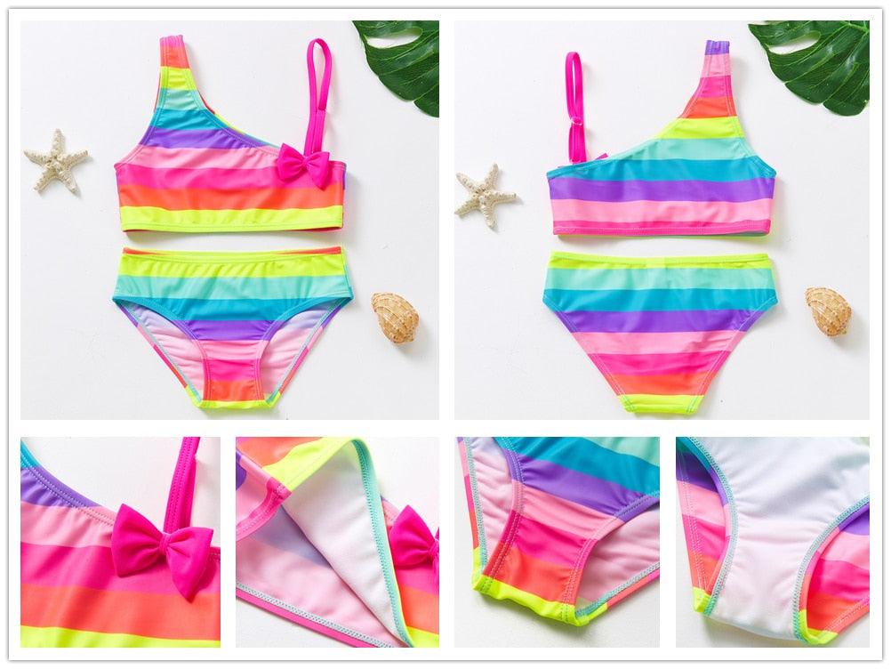 Maillot de bain deux pièces pour adolescentes, bikini de haute qualité pour enfants, vêtements de plage, maillots de bain deux pièces pour filles, maillot de bain à rayures et volants.