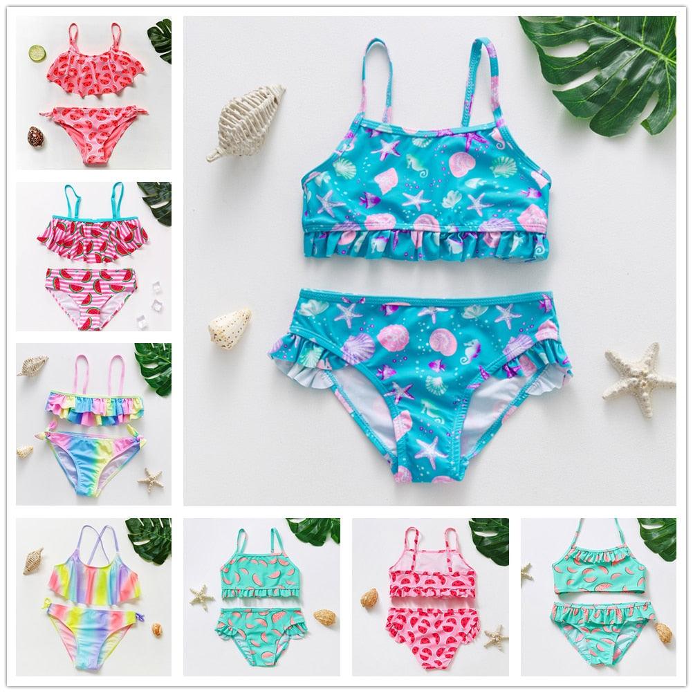 Maillot de bain deux pièces pour adolescentes, bikini de haute qualité pour enfants, vêtements de plage, maillots de bain deux pièces pour filles, maillot de bain à rayures et volants.