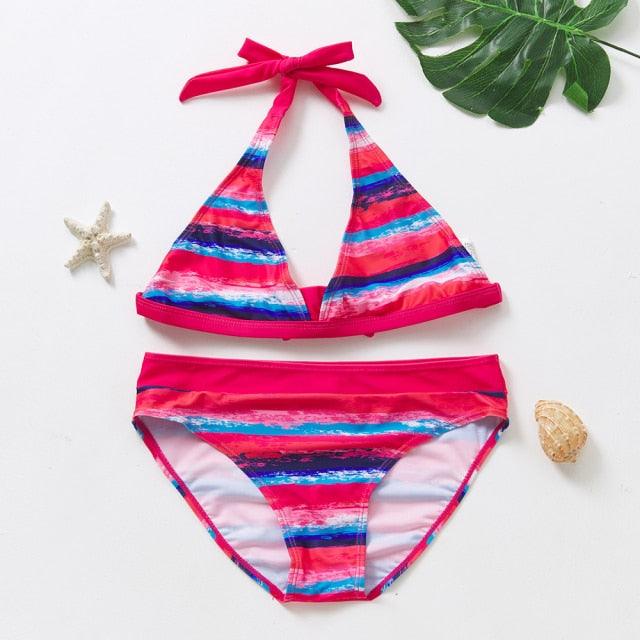 Maillot de bain deux pièces pour adolescentes, bikini de haute qualité pour enfants, vêtements de plage, maillots de bain deux pièces pour filles, maillot de bain à rayures et volants.