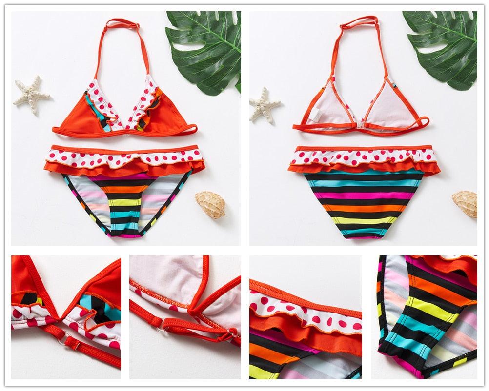 Maillot de bain deux pièces pour adolescentes, bikini de haute qualité pour enfants, vêtements de plage, maillots de bain deux pièces pour filles, maillot de bain à rayures et volants.
