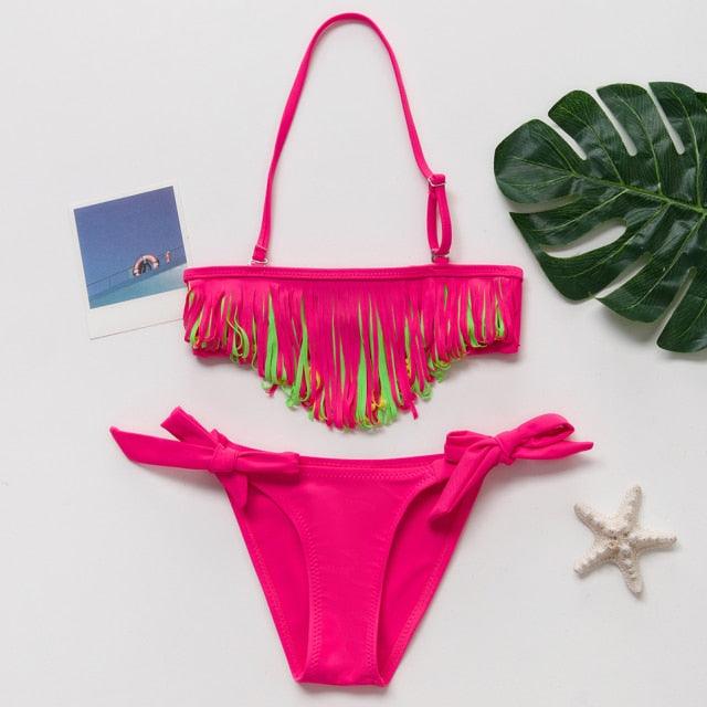 Maillot de bain deux pièces pour adolescentes, bikini de haute qualité pour enfants, vêtements de plage, maillots de bain deux pièces pour filles, maillot de bain à rayures et volants.
