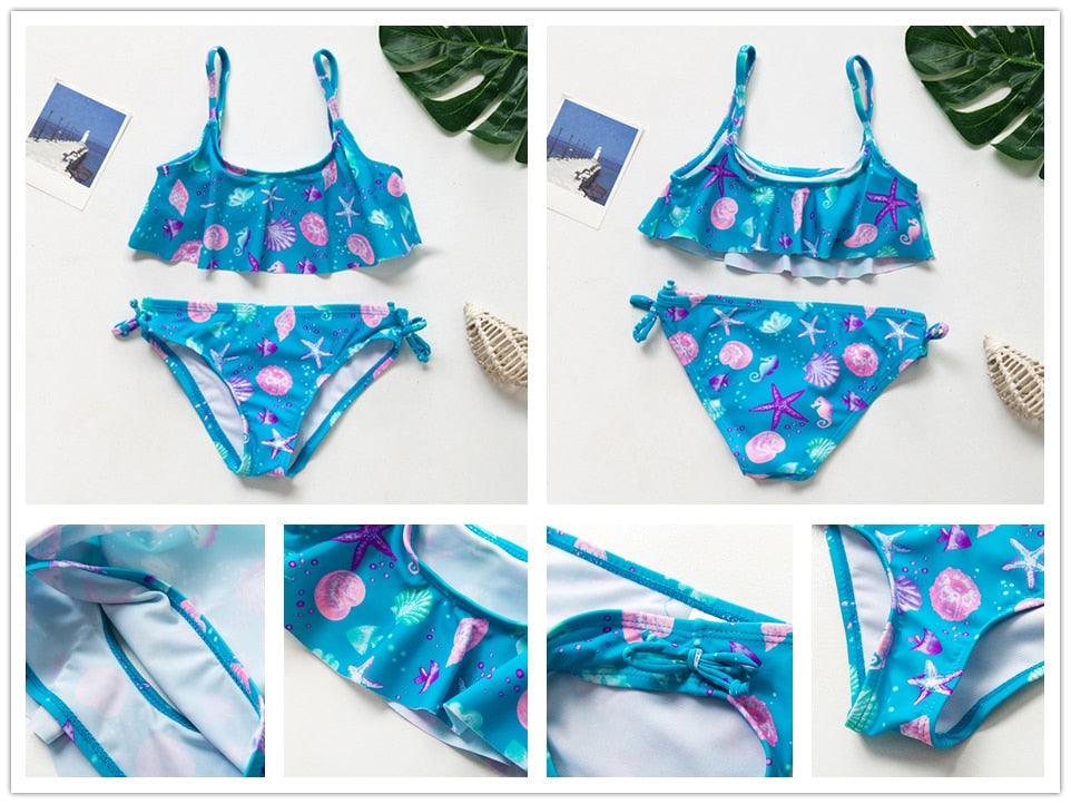 Maillot de bain deux pièces pour adolescentes, bikini de haute qualité pour enfants, vêtements de plage, maillots de bain deux pièces pour filles, maillot de bain à rayures et volants.