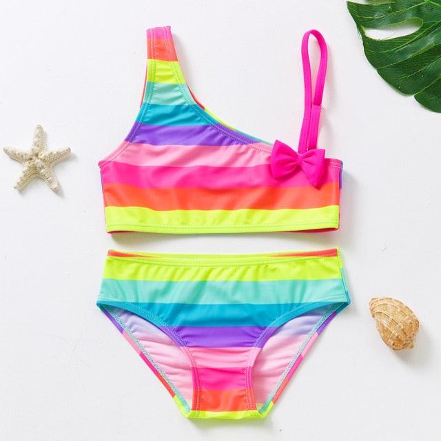Maillot de bain deux pièces pour adolescentes, bikini de haute qualité pour enfants, vêtements de plage, maillots de bain deux pièces pour filles, maillot de bain à rayures et volants.