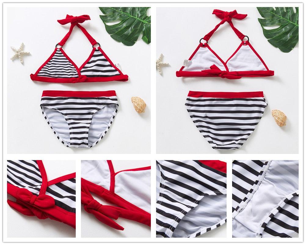 Maillot de bain deux pièces pour adolescentes, bikini de haute qualité pour enfants, vêtements de plage, maillots de bain deux pièces pour filles, maillot de bain à rayures et volants.