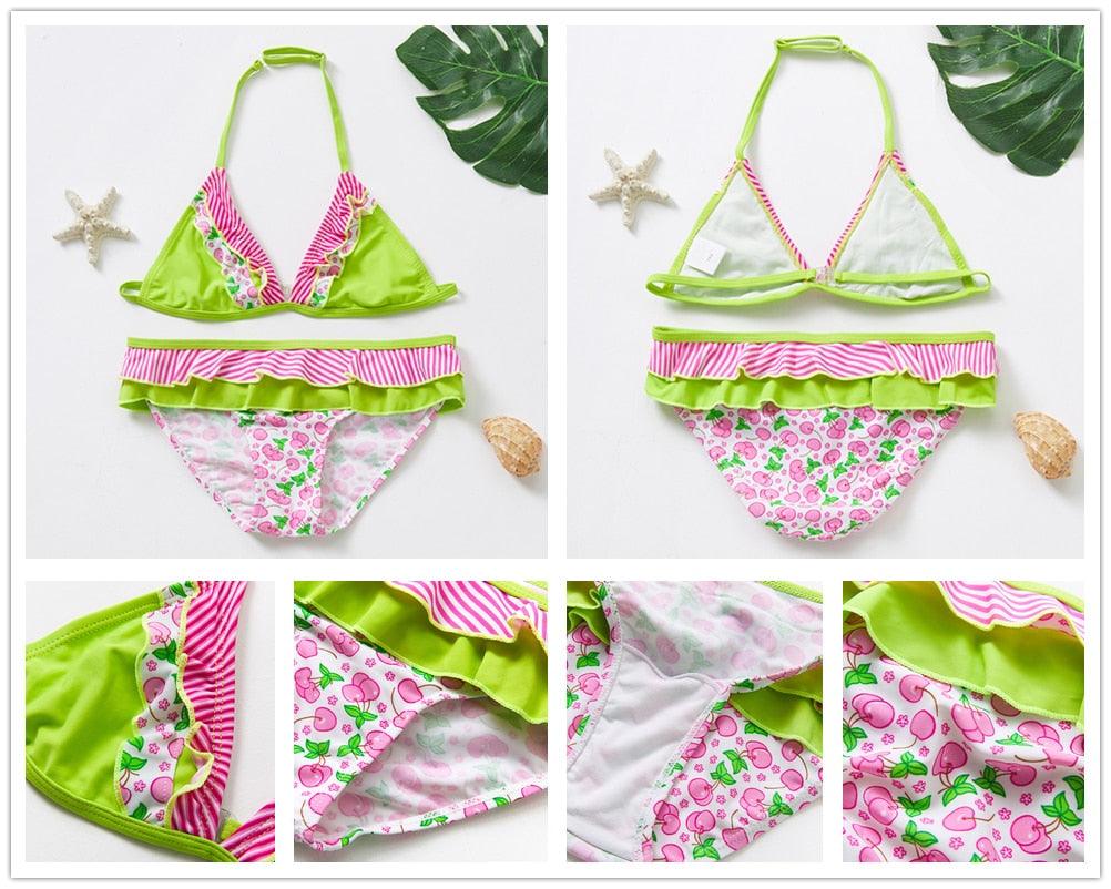 Maillot de bain deux pièces pour adolescentes, bikini de haute qualité pour enfants, vêtements de plage, maillots de bain deux pièces pour filles, maillot de bain à rayures et volants.