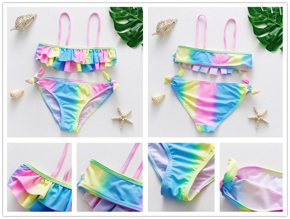 Maillot de bain deux pièces pour adolescentes, bikini de haute qualité pour enfants, vêtements de plage, maillots de bain deux pièces pour filles, maillot de bain à rayures et volants.