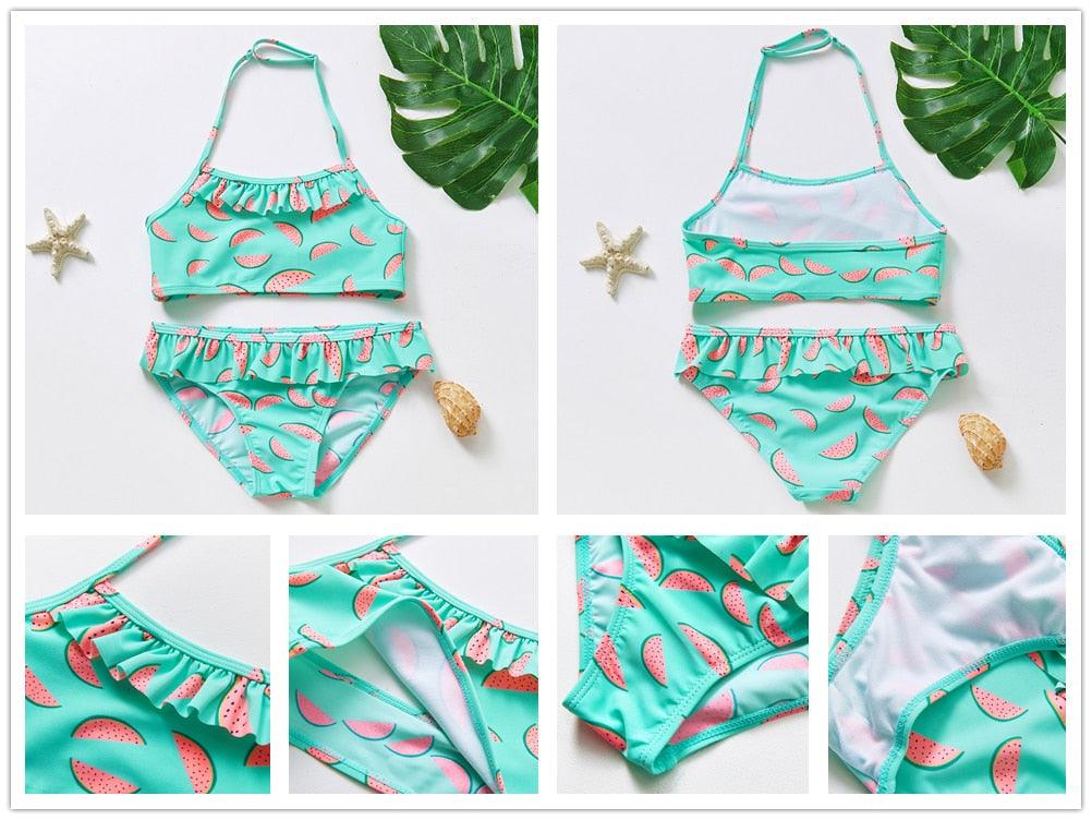 Maillot de bain deux pièces pour adolescentes, bikini de haute qualité pour enfants, vêtements de plage, maillots de bain deux pièces pour filles, maillot de bain à rayures et volants.