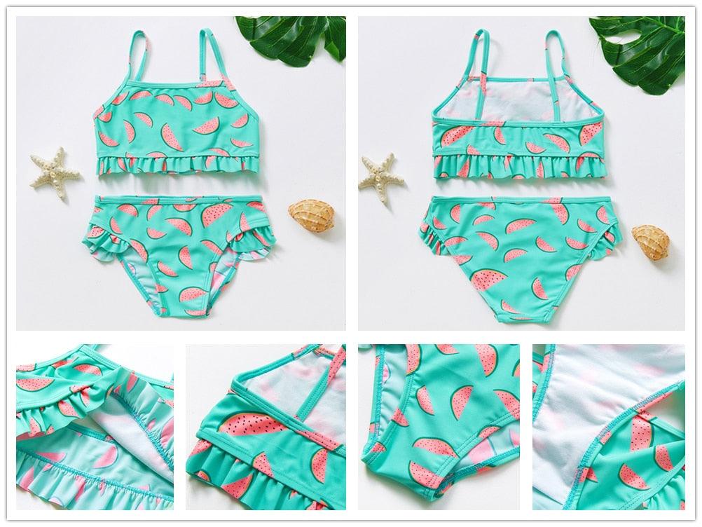 Maillot de bain deux pièces pour adolescentes, bikini de haute qualité pour enfants, vêtements de plage, maillots de bain deux pièces pour filles, maillot de bain à rayures et volants.