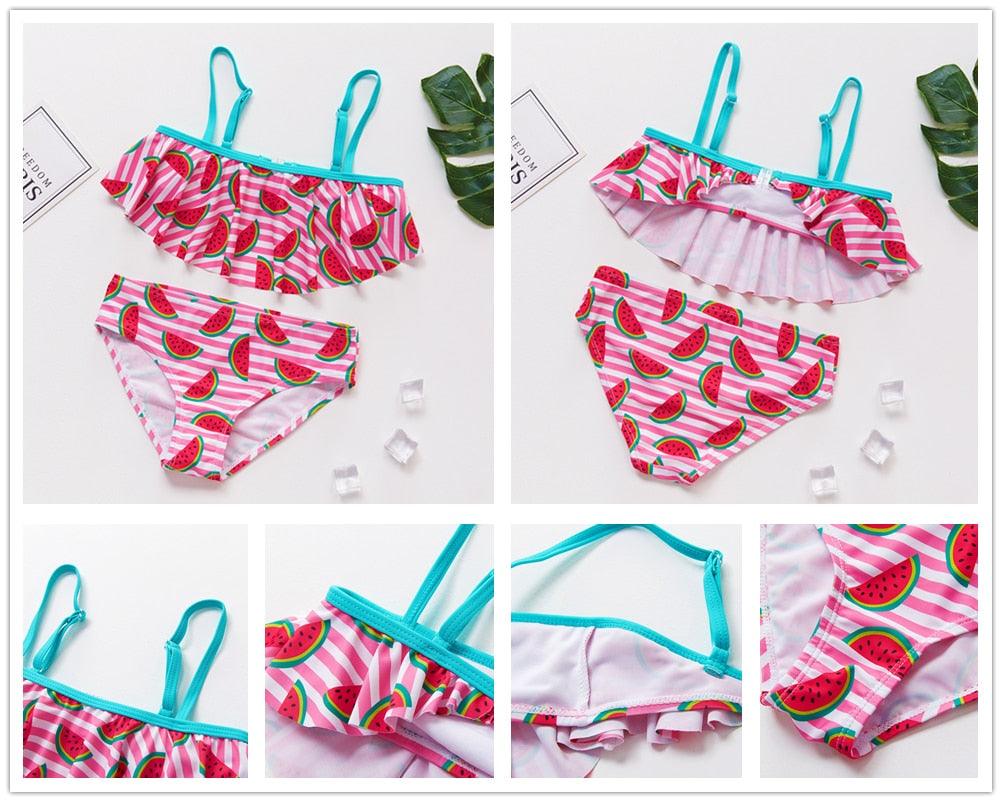 Maillot de bain deux pièces pour adolescentes, bikini de haute qualité pour enfants, vêtements de plage, maillots de bain deux pièces pour filles, maillot de bain à rayures et volants.