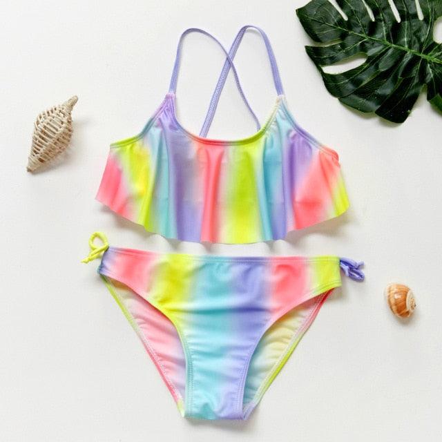 Maillot de bain deux pièces pour adolescentes, bikini de haute qualité pour enfants, vêtements de plage, maillots de bain deux pièces pour filles, maillot de bain à rayures et volants.