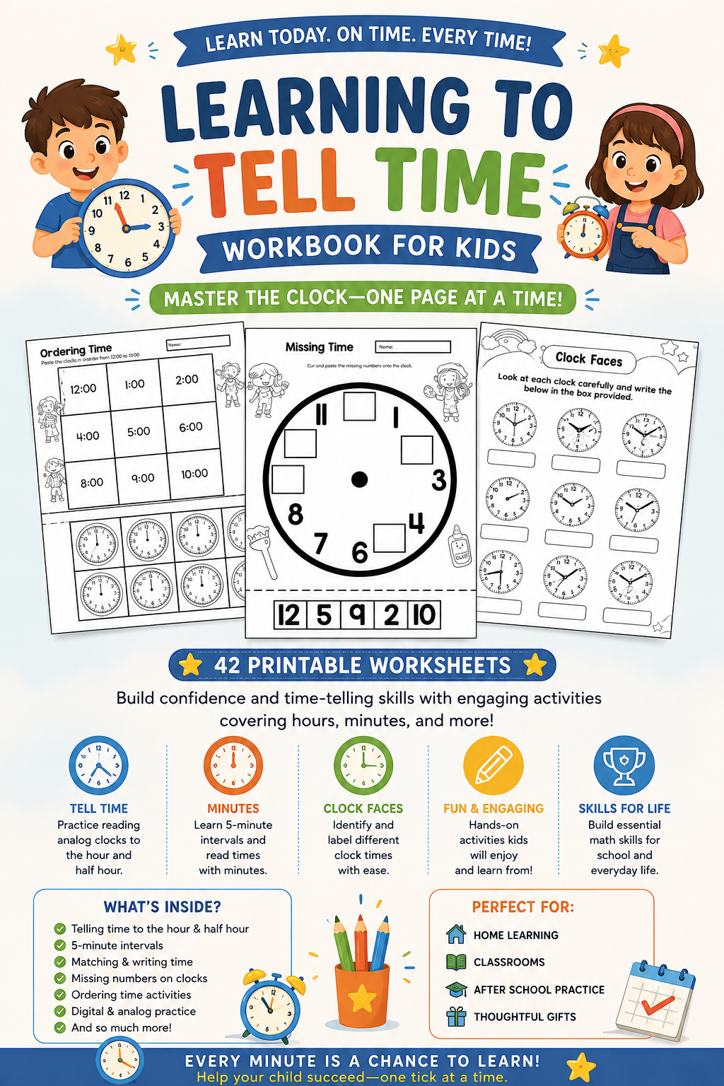 Time Learning Workbook for Kids – 42-Page Canva Template for Telling Time Practice