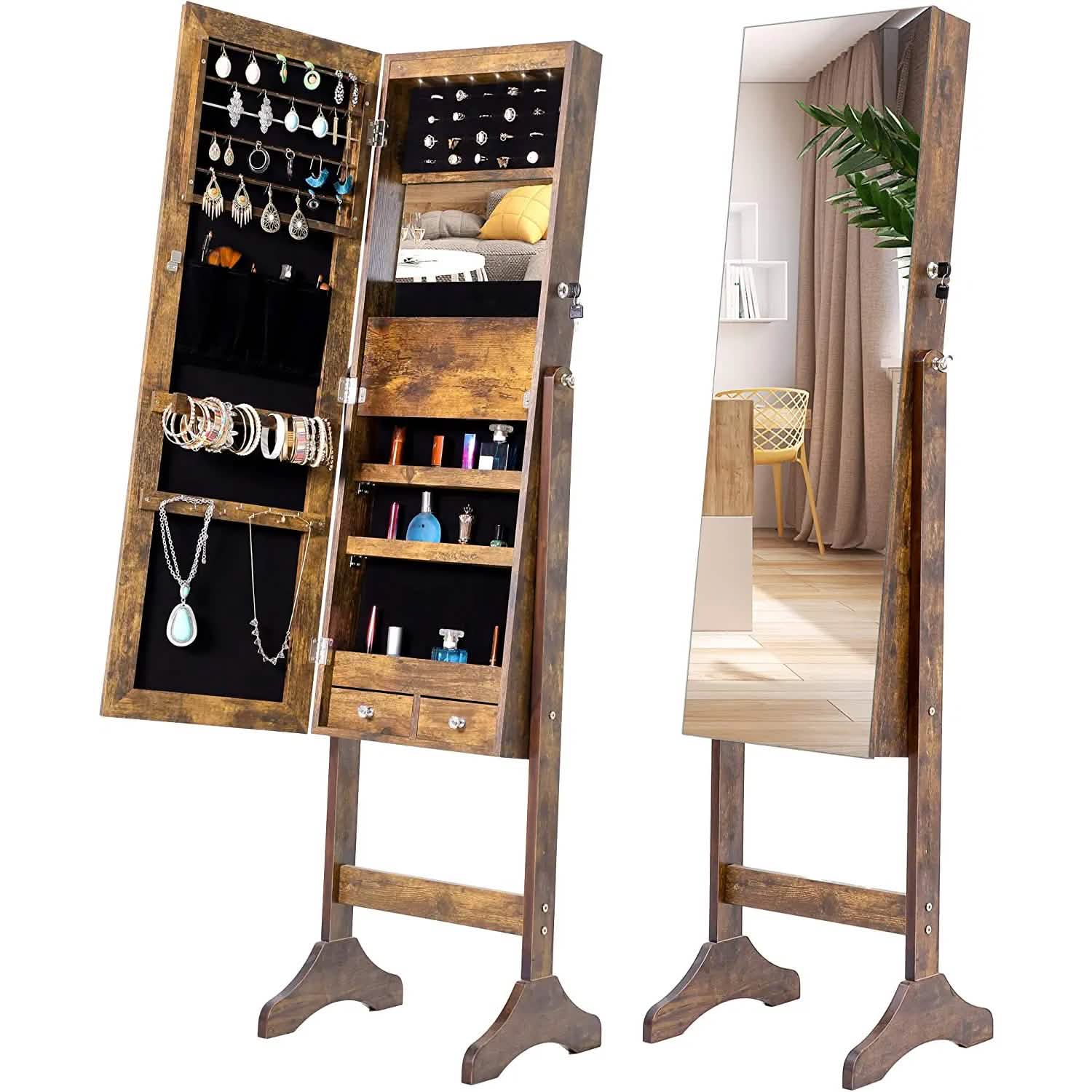Tesmula Fashion Armoire à bijoux simple avec miroir et lumières LED