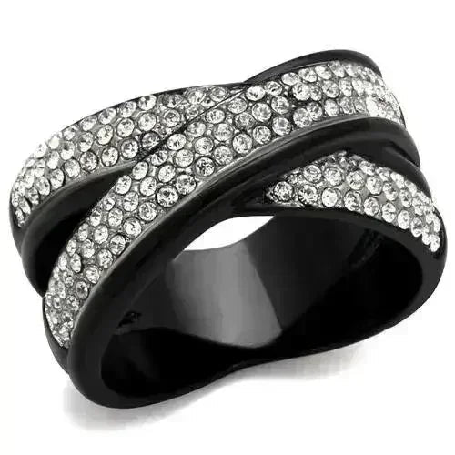 TK2278 - Bague en acier inoxydable IP noir deux tons avec cristal transparent