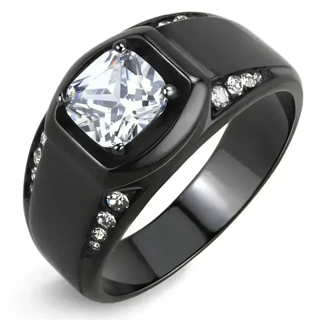 TK3467 - Bague en acier inoxydable noir (placage ionique) avec oxyde de zirconium de qualité AAA