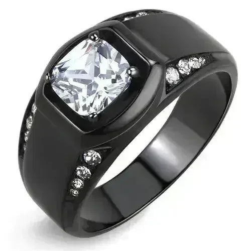 TK3467 - Bague en acier inoxydable noir (placage ionique) avec oxyde de zirconium de qualité AAA
