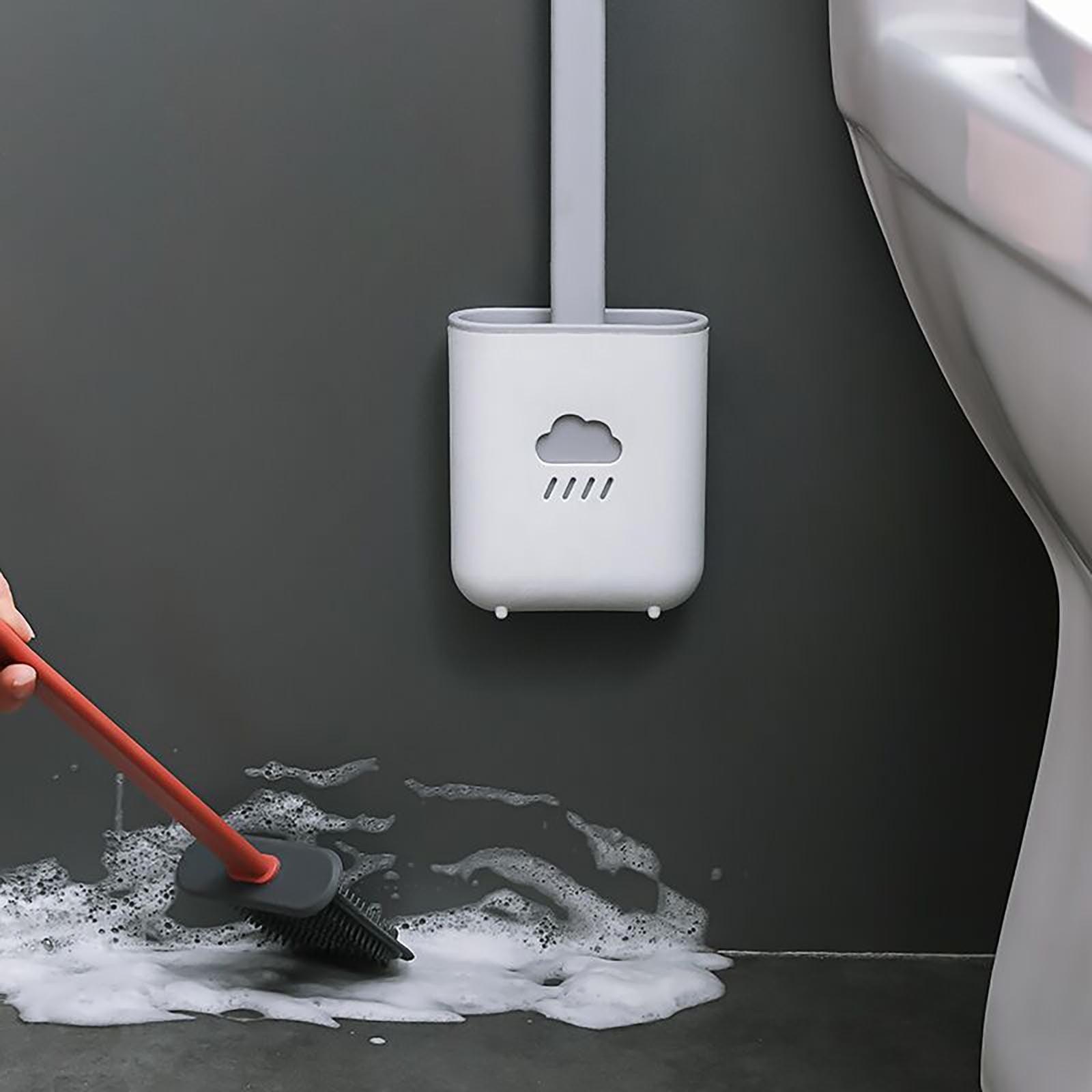 Ensembles de porte-balai de toilettes muraux, brosse de toilettes avec tête à poils souples pour le nettoyage de la salle de bain, brosse de toilettes en silicone avec support mural et tête de brosse flexible, support de brosse à séchage rapide