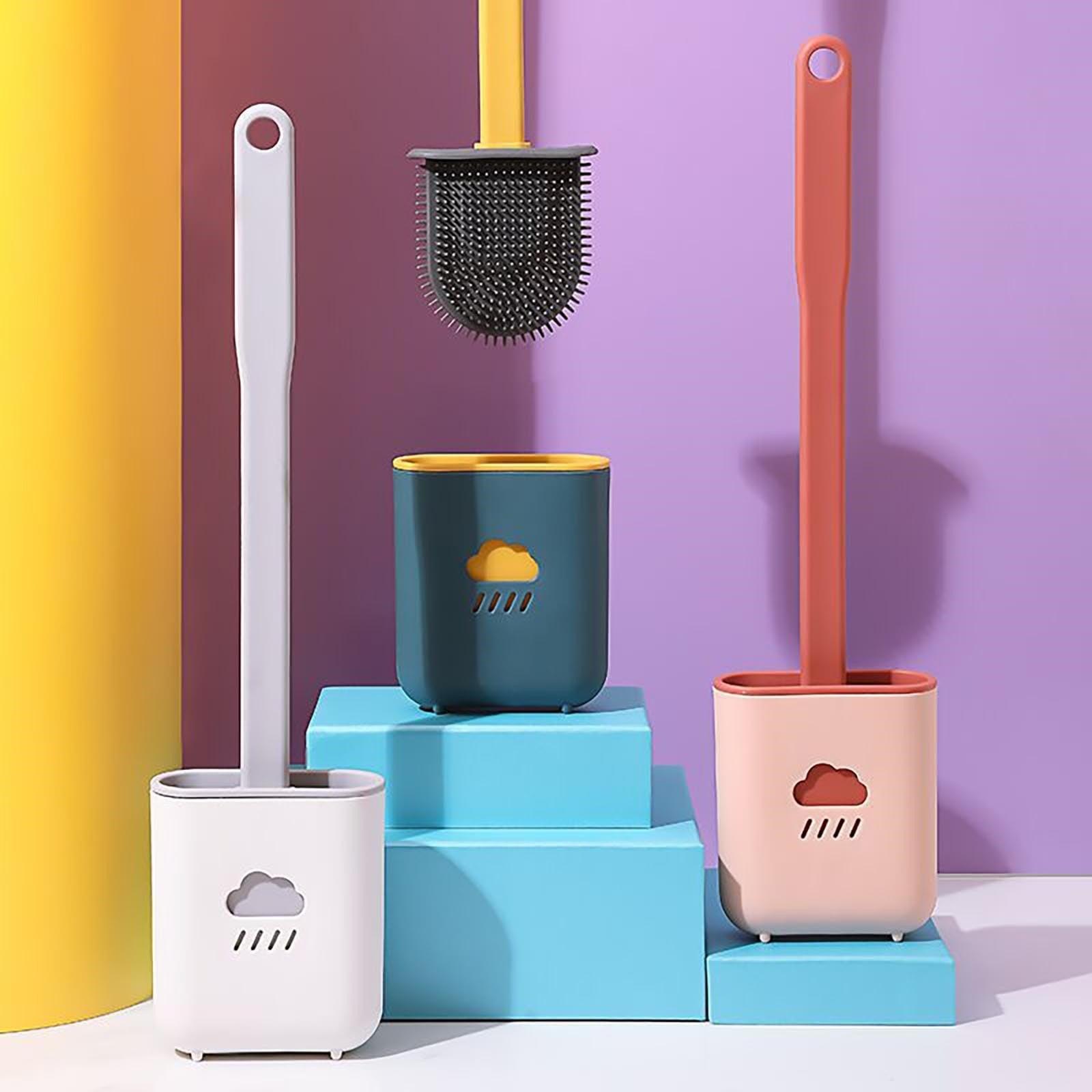 Ensembles de porte-balai de toilettes muraux, brosse de toilettes avec tête à poils souples pour le nettoyage de la salle de bain, brosse de toilettes en silicone avec support mural et tête de brosse flexible, support de brosse à séchage rapide