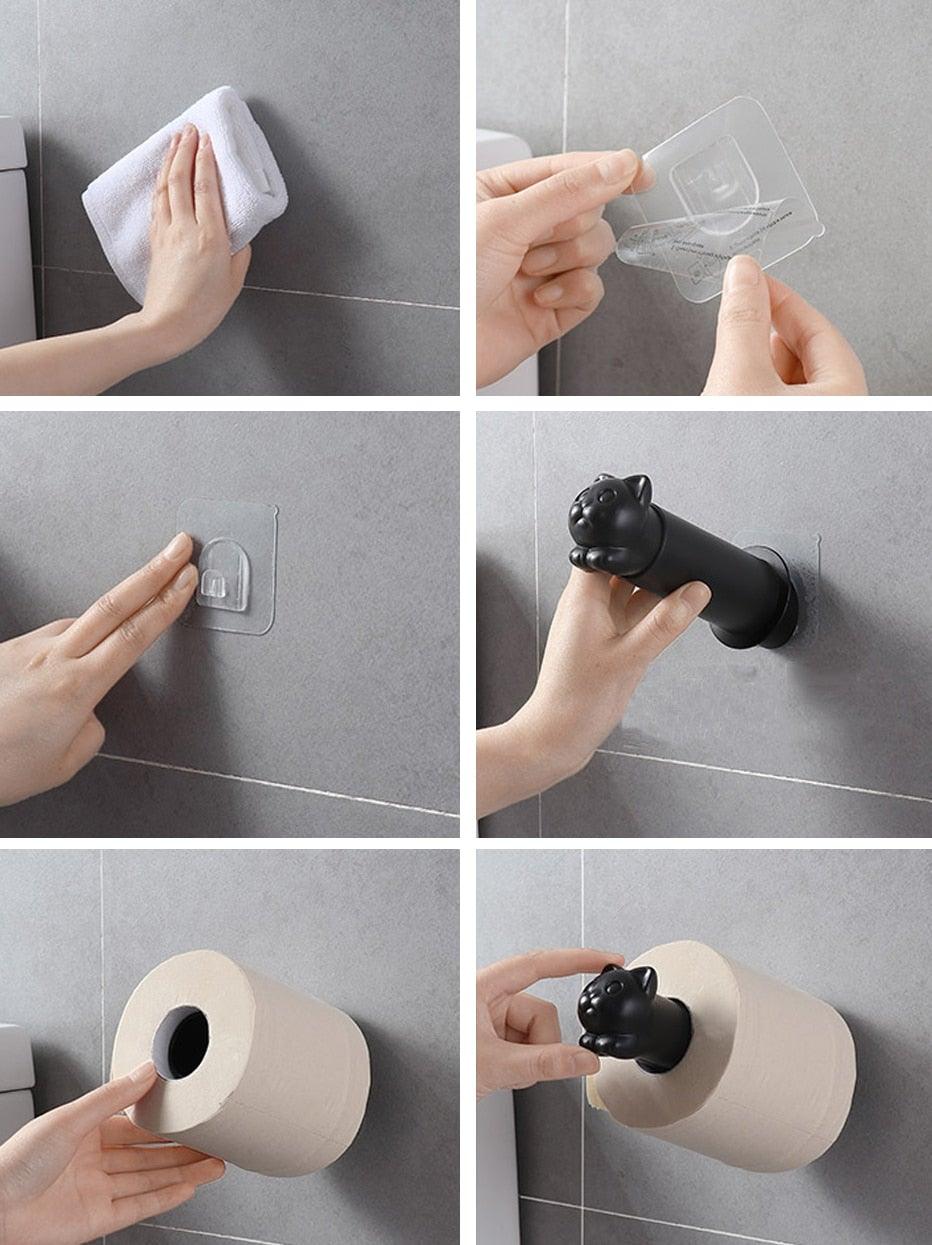 Porte-rouleau de papier toilette en forme de chat, porte-rouleau de cuisine adhésif mural, support de serviette créatif pour salle de bain, distributeur de papier toilette, porte-serviettes en papier