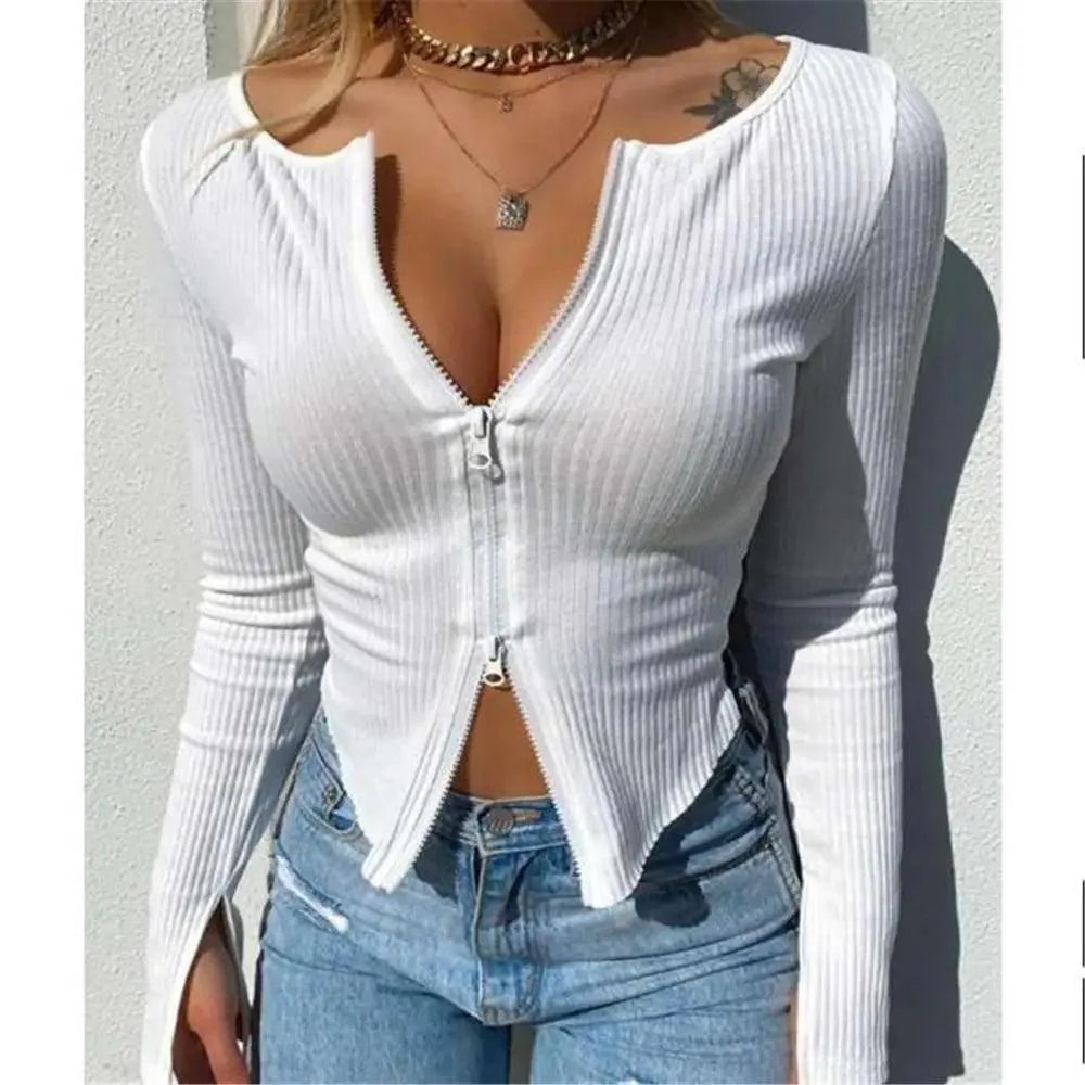 Hauts courts élégants et mignons tricotés côtelés à manches longues pour femme pour l'été