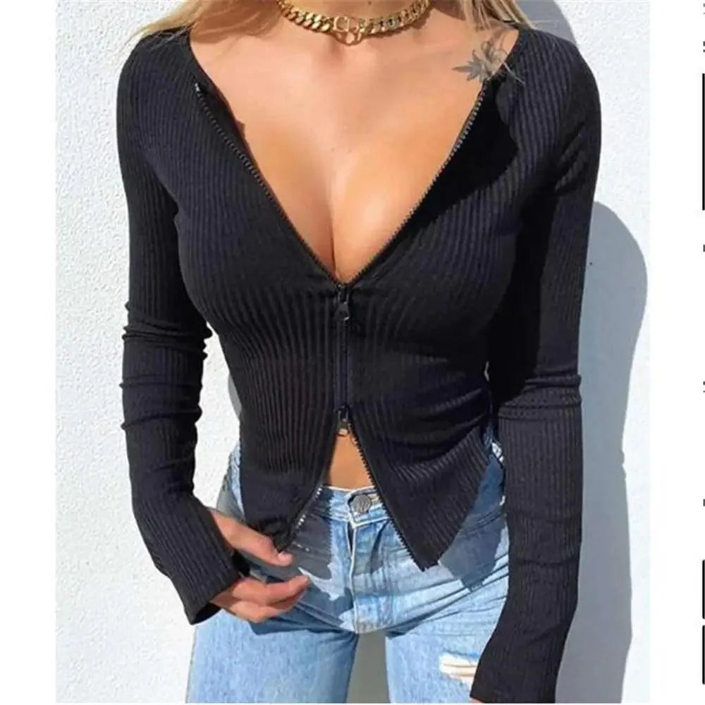 Hauts courts élégants et mignons tricotés côtelés à manches longues pour femme pour l'été