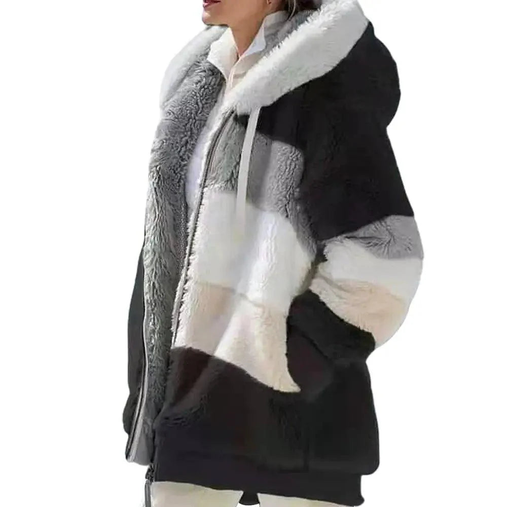 Veste grande taille femme automne hiver à manches longues, couleurs contrastées, fermeture éclair, capuche pelucheuse, manteau chaud