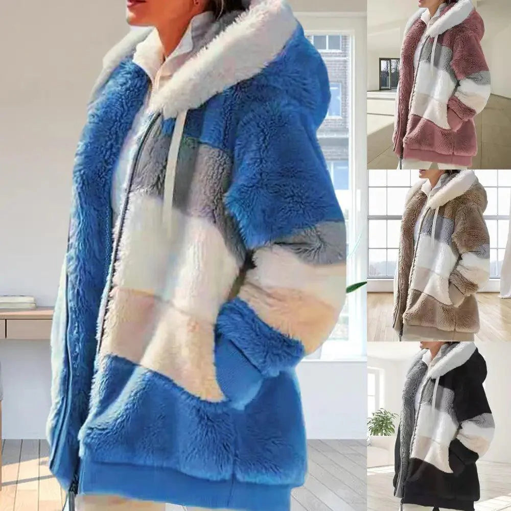 Veste grande taille femme automne hiver à manches longues, couleurs contrastées, fermeture éclair, capuche pelucheuse, manteau chaud