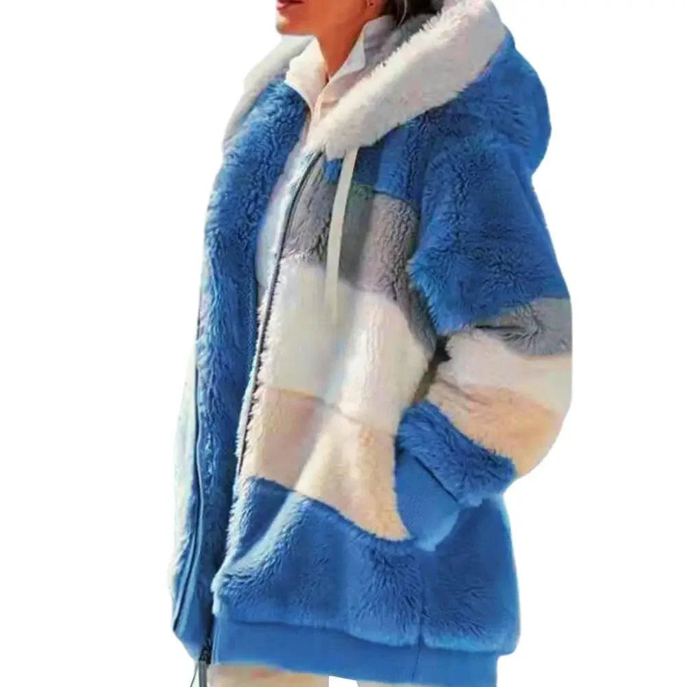Veste grande taille femme automne hiver à manches longues, couleurs contrastées, fermeture éclair, capuche pelucheuse, manteau chaud