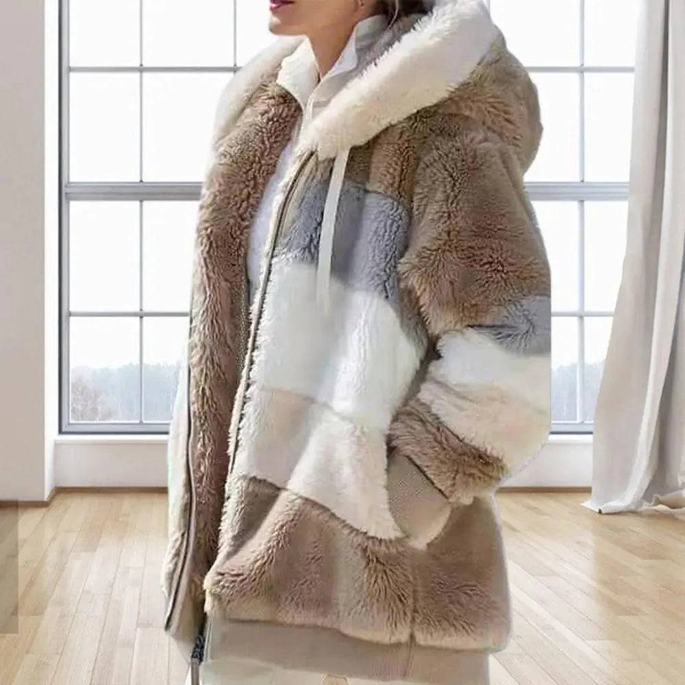 Veste grande taille femme automne hiver à manches longues, couleurs contrastées, fermeture éclair, capuche pelucheuse, manteau chaud