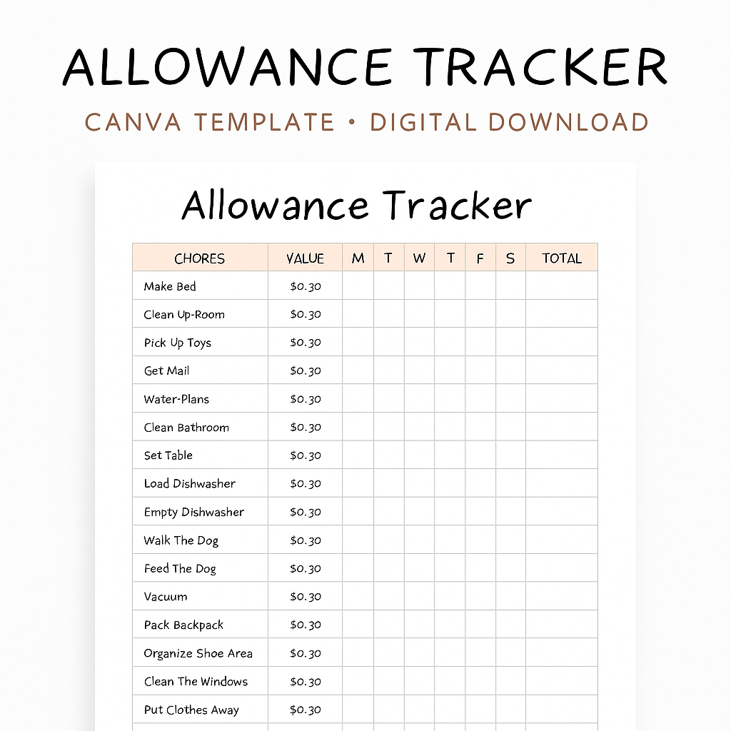 Kids Allowance Tracker - Editable Canva Template