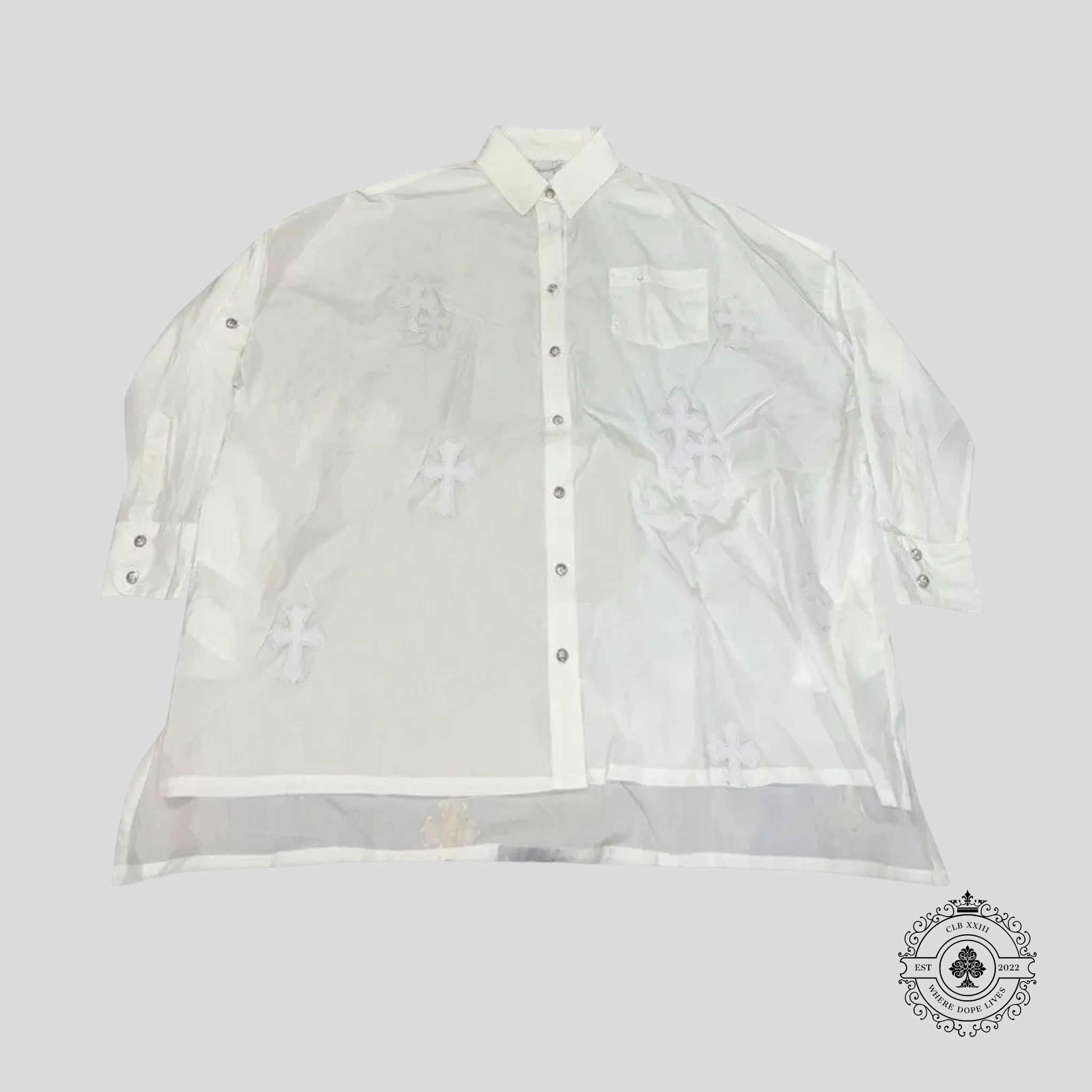 Chemise boutonnée à manches longues Chrome Hearts Leather Cross Patch en blanc