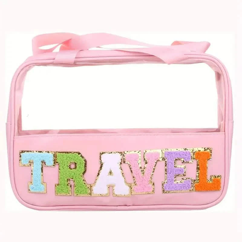 Trousse de maquillage transparente à motif lettres avec poignée