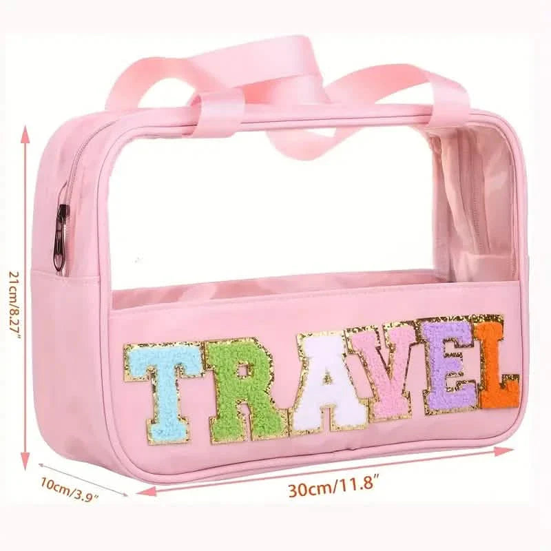 Trousse de maquillage transparente à motif lettres avec poignée