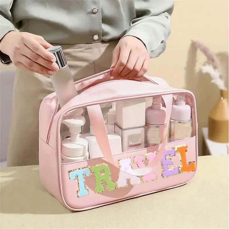 Trousse de maquillage transparente à motif lettres avec poignée