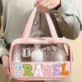 Trousse de maquillage transparente à motif lettres avec poignée