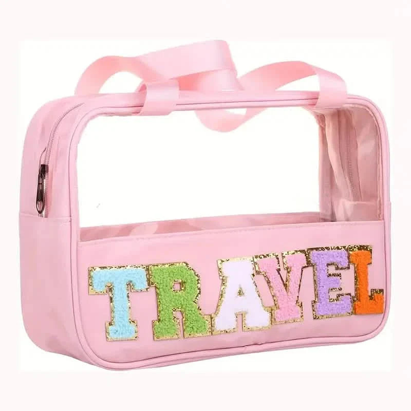 Trousse de maquillage transparente à motif lettres avec poignée